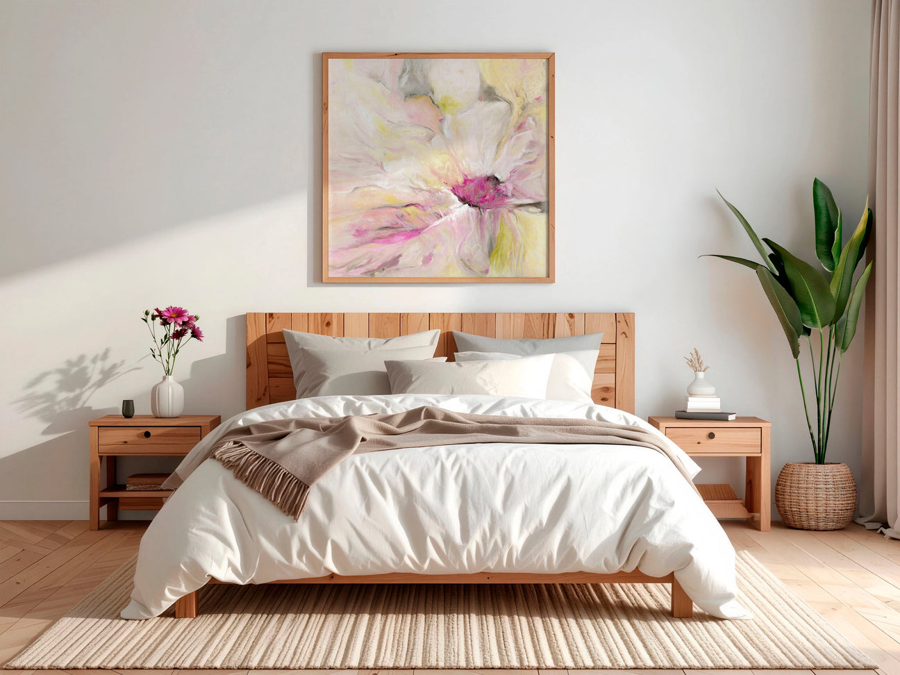 Bedroom artwork — soft watercolour botanical print in blush pink and ivory displayed above a bed, beautiful calming bedroom wall art by Crafty Cow Design.