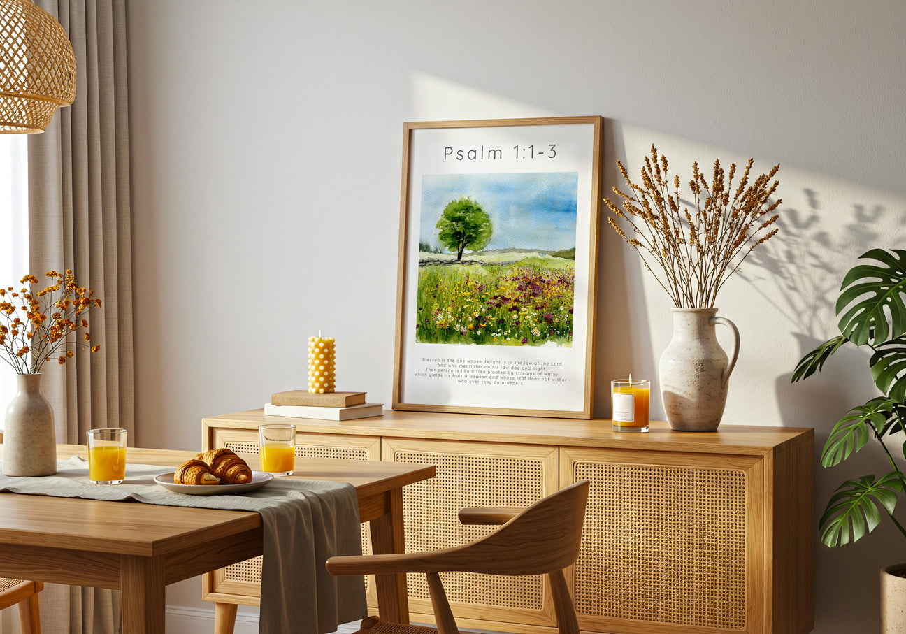 Bible Verse Print from Psalms in a frame sat on a sideboard - image for the Bible quote art, bible verse prints & christian wall art collection — beautiful scripture prints with watercolour backgrounds by Crafty Cow Design