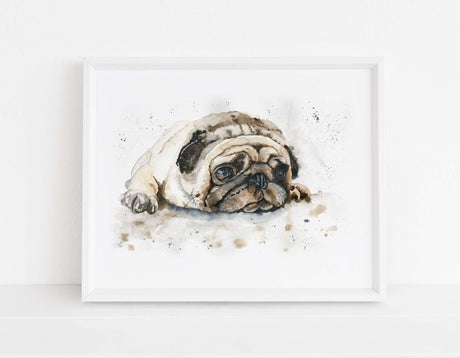 A playful pug painting with a cute, guilty expression in warm earthy tones.