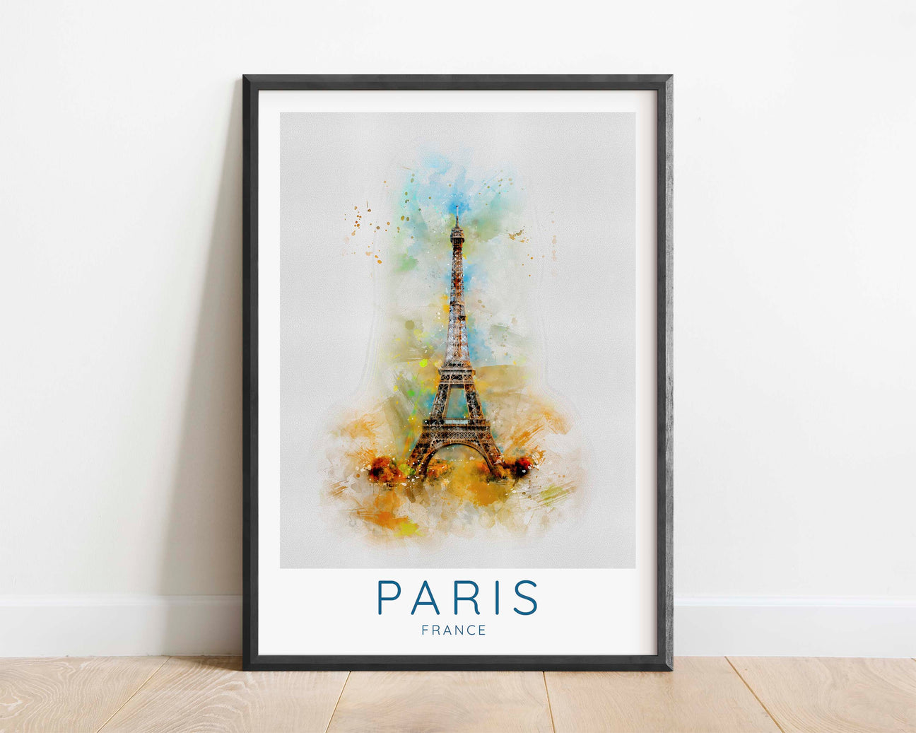 A Paris-themed travel print featuring the Eiffel Tower, painted in a watercolor style with soft, elegant details.