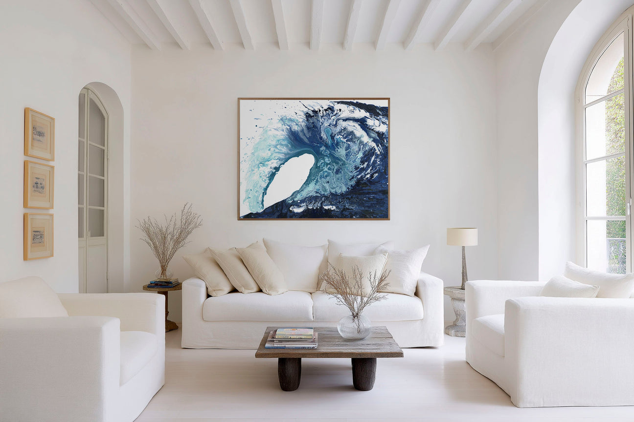 Ocean wave art collection — expressive abstract waves and blue ocean wave art prints in rich blues, teals and whites by Crafty Cow Design, beautiful coastal wave art for beach inspired and nature loving homes.