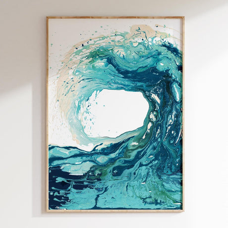 An abstract print of a wave painting, featuring fluid brushstrokes in shades of blue, white, and turquoise.