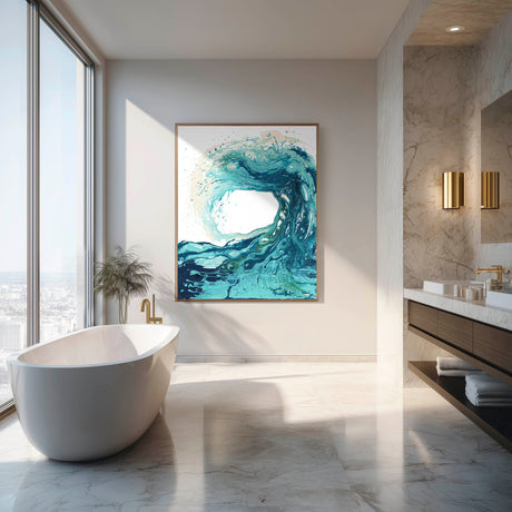 A collection of expressive coastal canvas wall art — wave art, beach canvas prints & coastal living inspired artwork in luminous turquoise, teal & blue tones that bring the ocean into any home. By Crafty Cow Design.