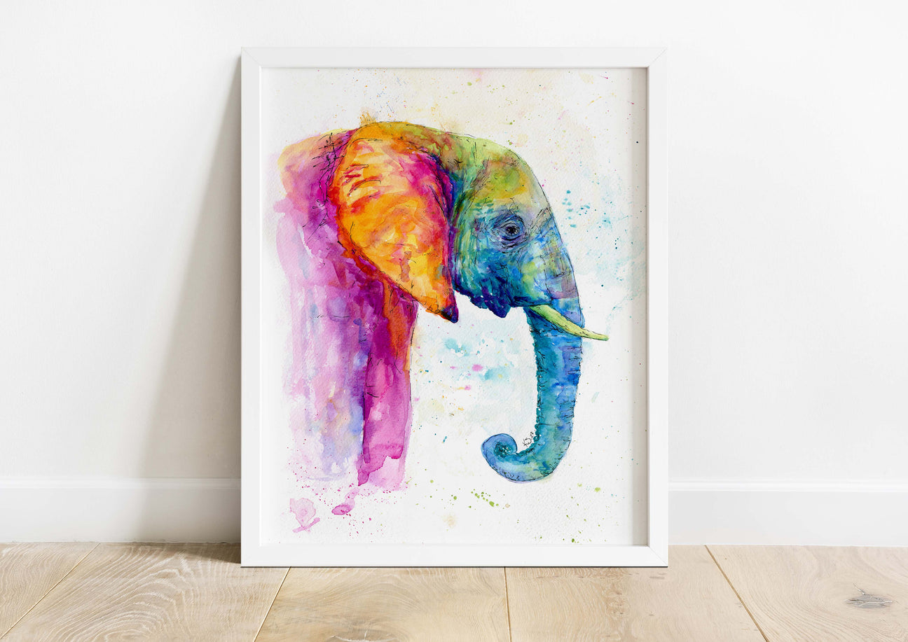 A detailed watercolor painting of an elephant with expressive eyes painted in rainbow hues