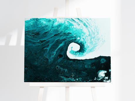 Collection of vibrant crashing wave prints with bold blues and dramatic sea movement.