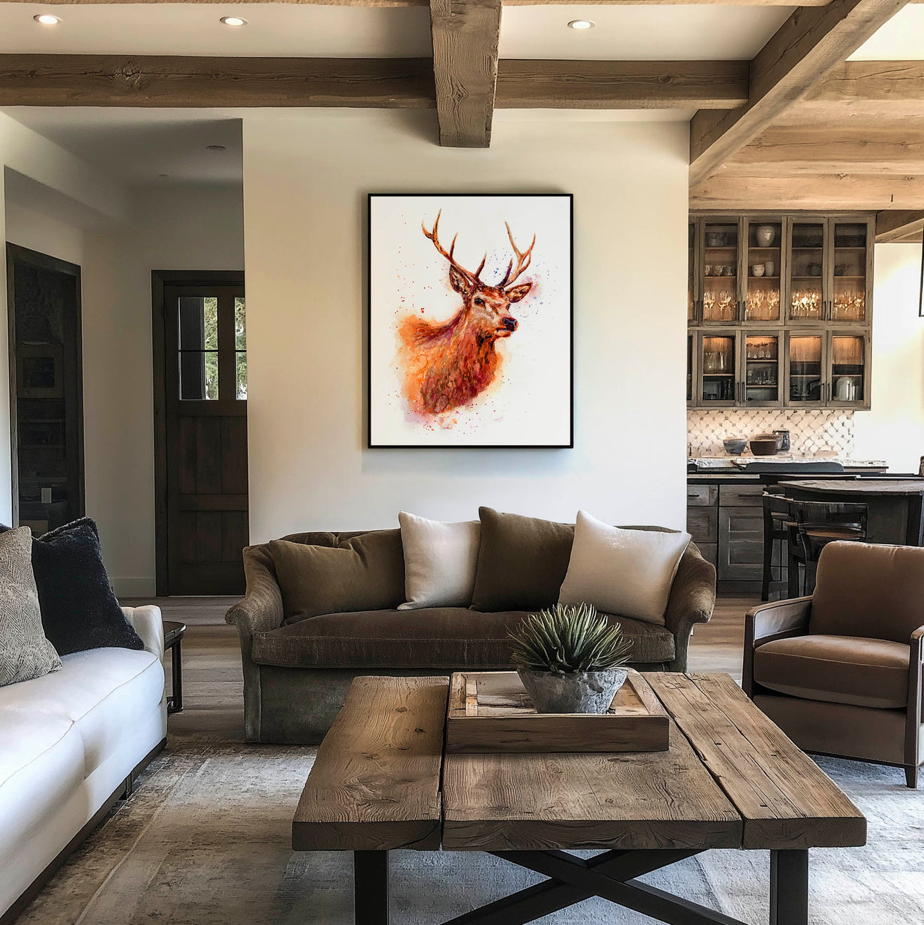 Animal canvas prints and animals canvas collection — expressive watercolour highland cow, fox, stag and cockerel canvas art animals in rich warm tones, beautiful animal canvas wall art for country cottage and nature inspired homes by Crafty Cow Design.