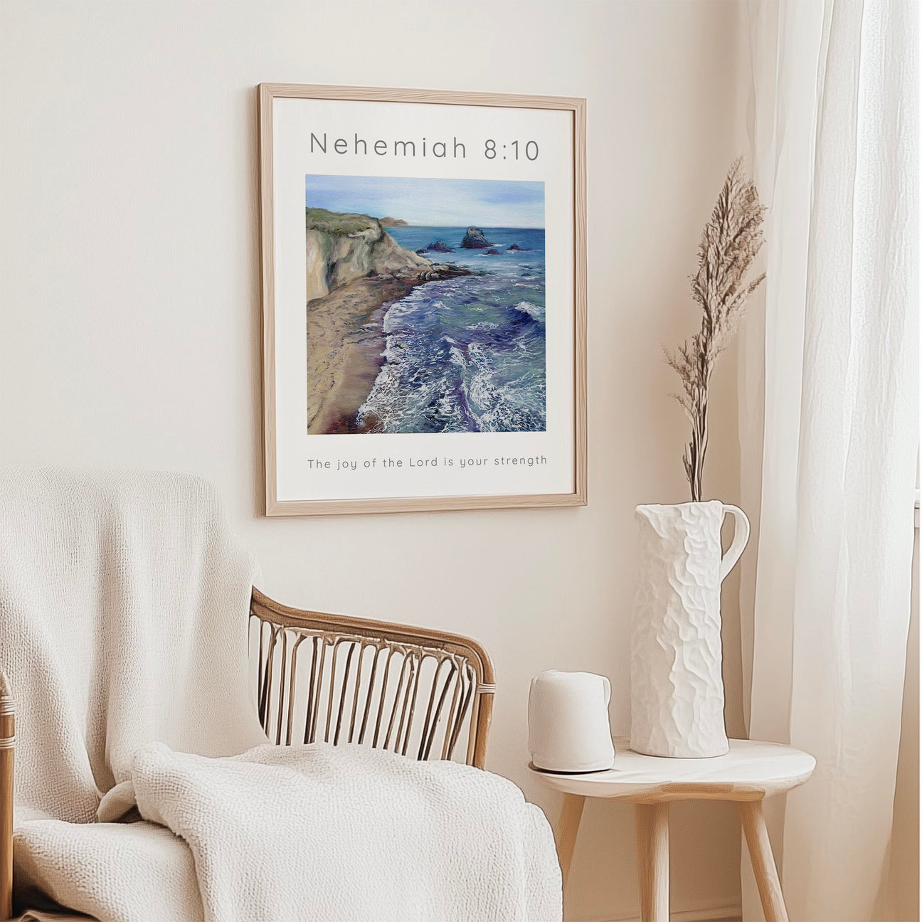 Bible verse print collection featuring uplifting scriptures from Nehemiah with calming Christian artwork.