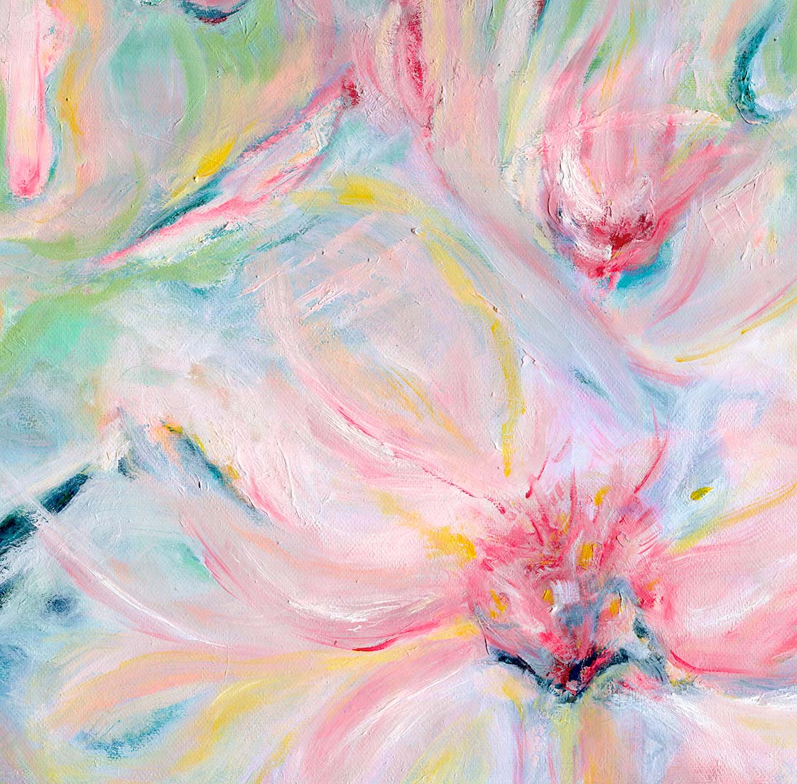 Peaceful abstract floral decor in muted pinks and greens.