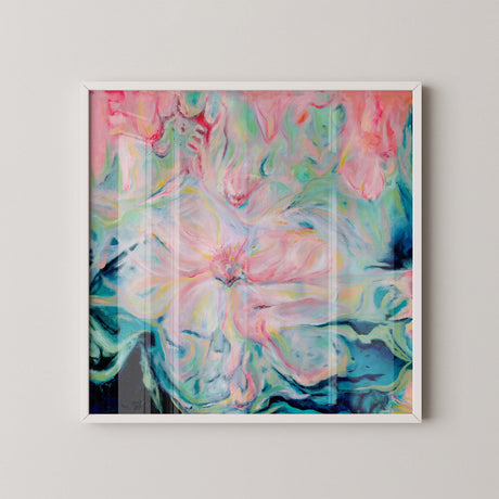 oft pink abstract flower painting in oil.