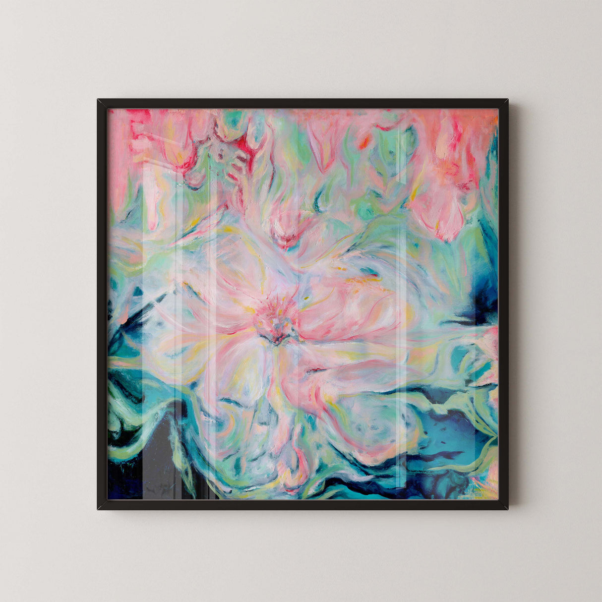 Abstract floral wall art print in soft pink and green tones.