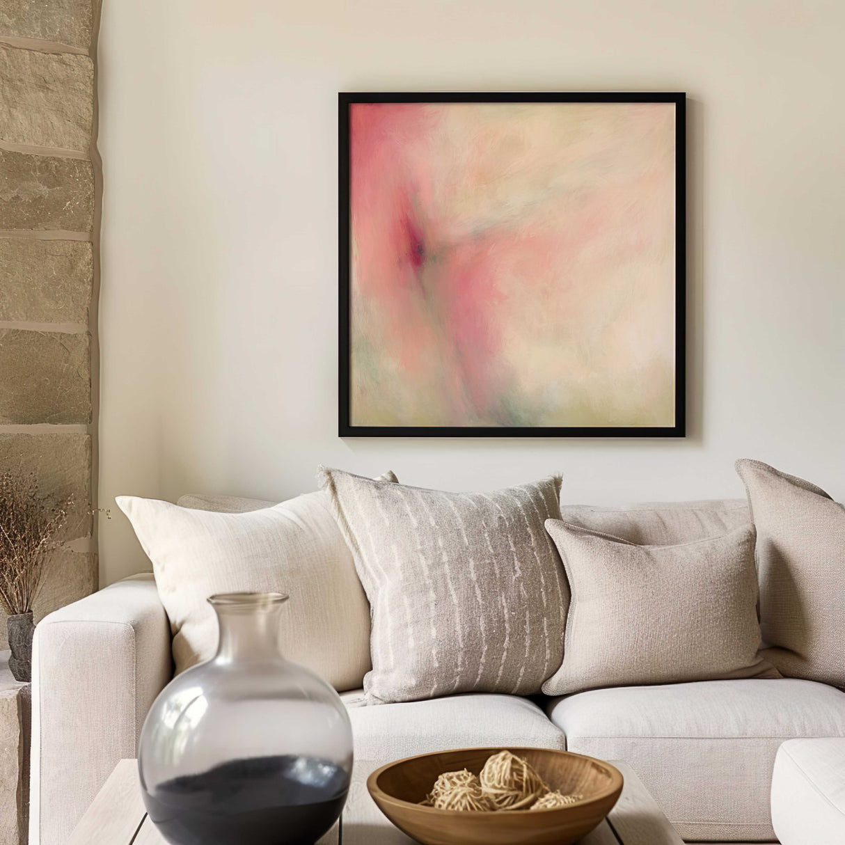Square abstract print with warm pink, peach, and green tones for home decor