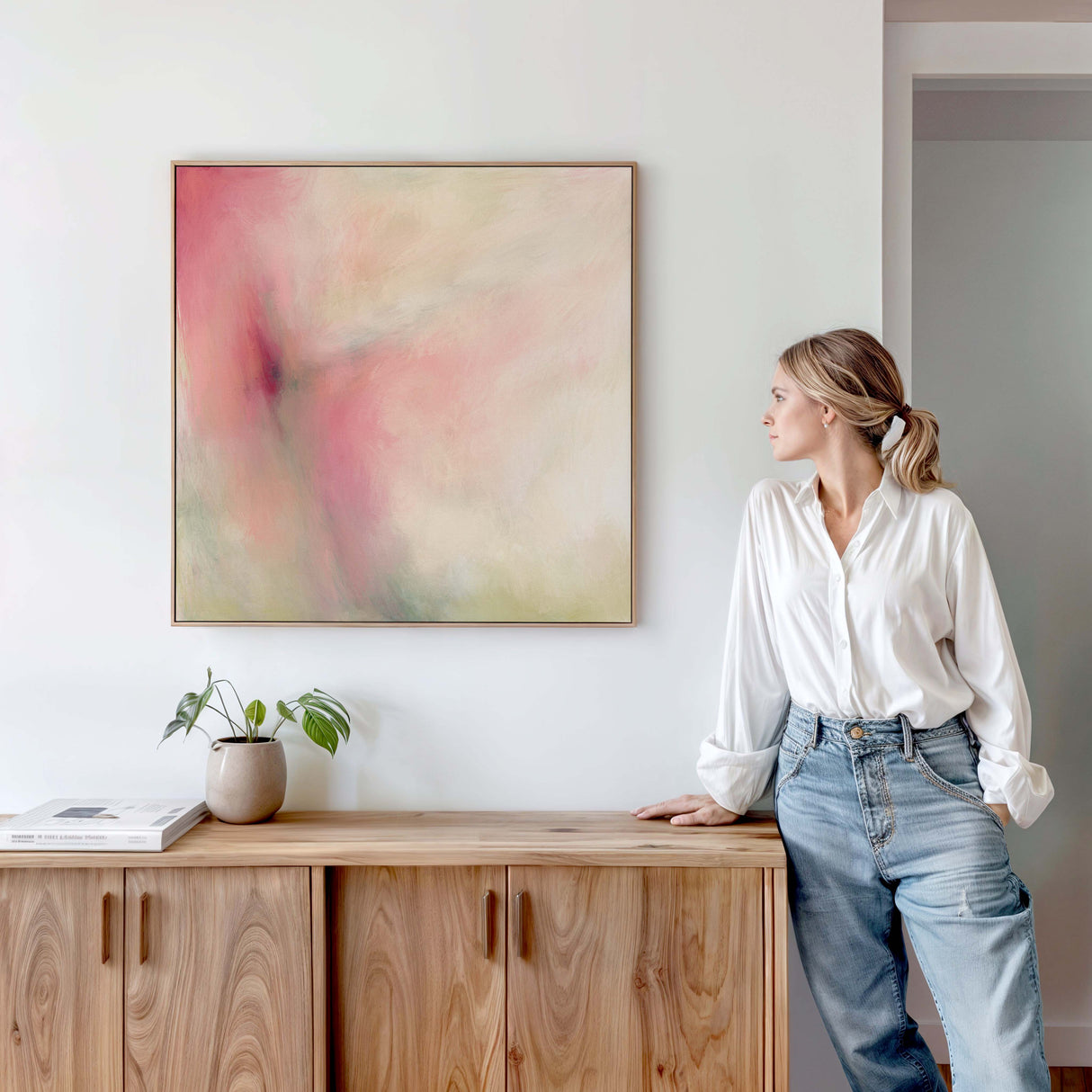 Square art print in pink, peach, and green, perfect for modern interiors
