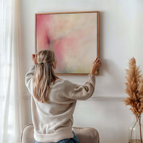 Abstract square art print in peach, pink, green, and cream with spring blossom-inspired colours