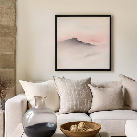 Beyond Stillness wall art showing tranquil mountain and blush tones.