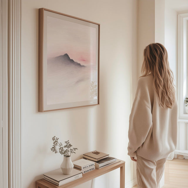 Beyond Stillness abstract landscape print with muted mountain and blush sky