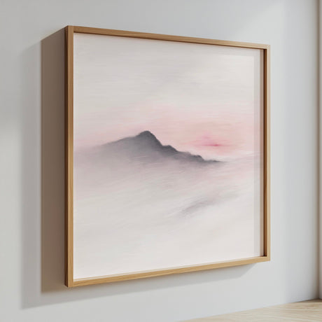 Serene wall art print of a mountain with soft pink sky in calming tones.