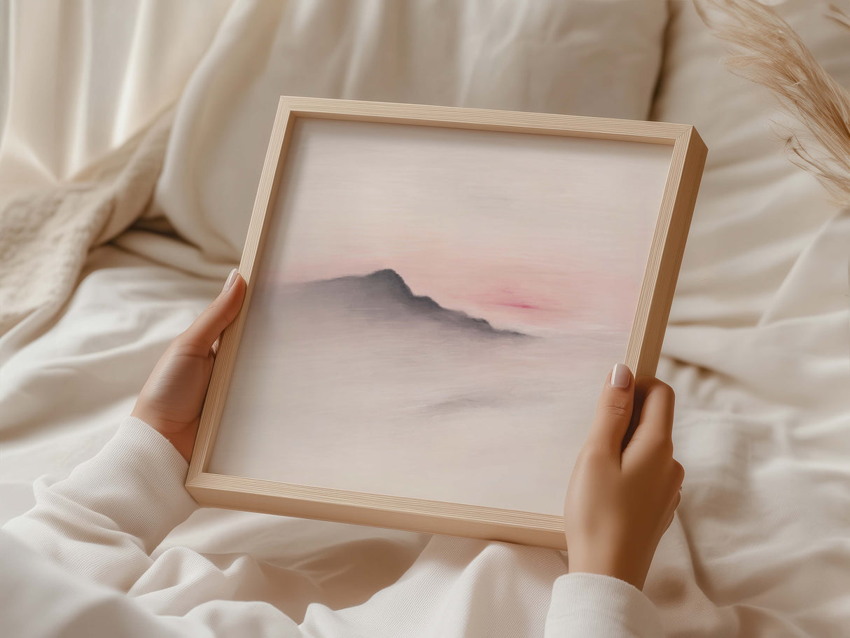 Abstract hill and blush sky artwork for a peaceful modern interior.