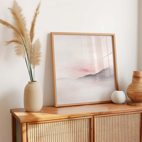 Minimalist mountain print with a pink sunset sky.