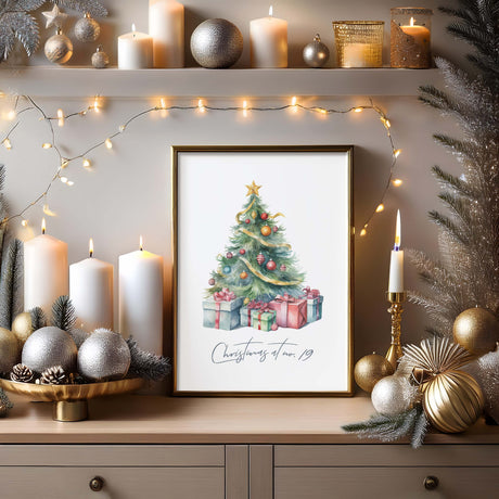 Watercolour Christmas tree art with customisable family quote.