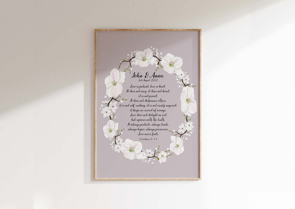 Unique Personalized Bible Verse Gift Print, Grey Bible Verse Print with Love is Patient Quote, White Floral Wreath Bible Verse Art