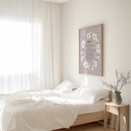 Christian wedding gift print with Love Is Patient quote surrounded by a delicate white botanical wreath.