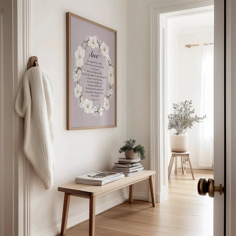 1 Corinthians 13 love verse print in soft grey tones, perfect for weddings, anniversaries, or Christian home decor.