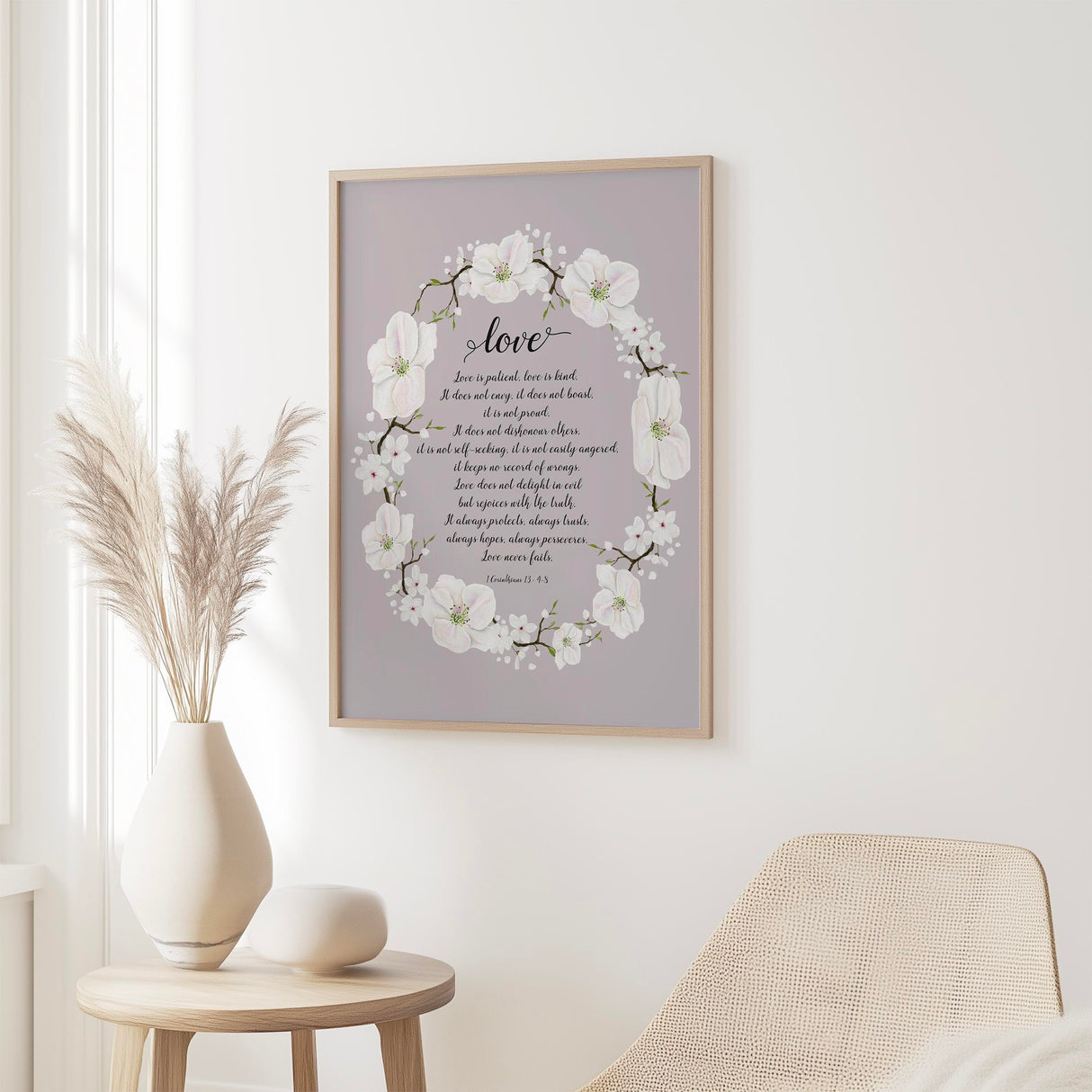 Floral wreath wall art featuring Bible verse from 1 Corinthians 13 on love, kindness, and commitment.