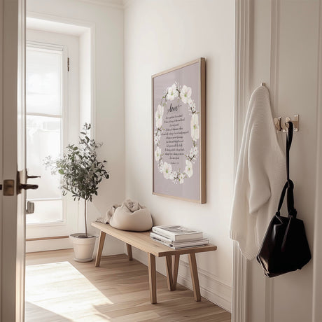 Grey Bible verse wall art print with white floral wreath and 1 Corinthians 13 scripture on love and patience.