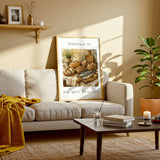 Matthew 14 - Scripture wall art poster featuring warm watercolour loaves and fish scene with wildflowers and striped linen cloth.