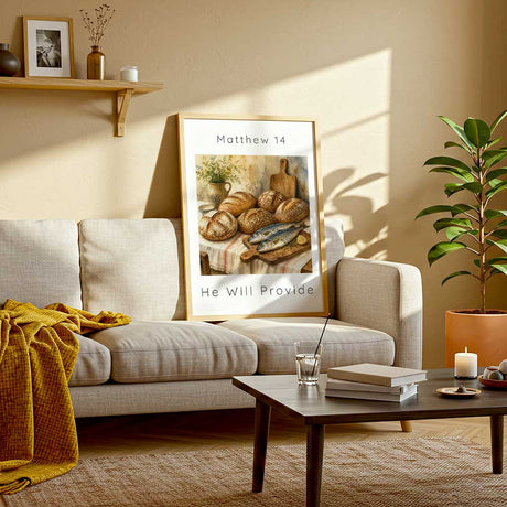 Matthew 14 - Scripture wall art poster featuring warm watercolour loaves and fish scene with wildflowers and striped linen cloth.