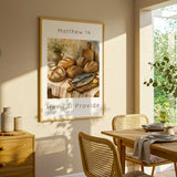Matthew 14 - He Will Provide Christian quote print with five loaves and two fish watercolour still life in golden warm tones.