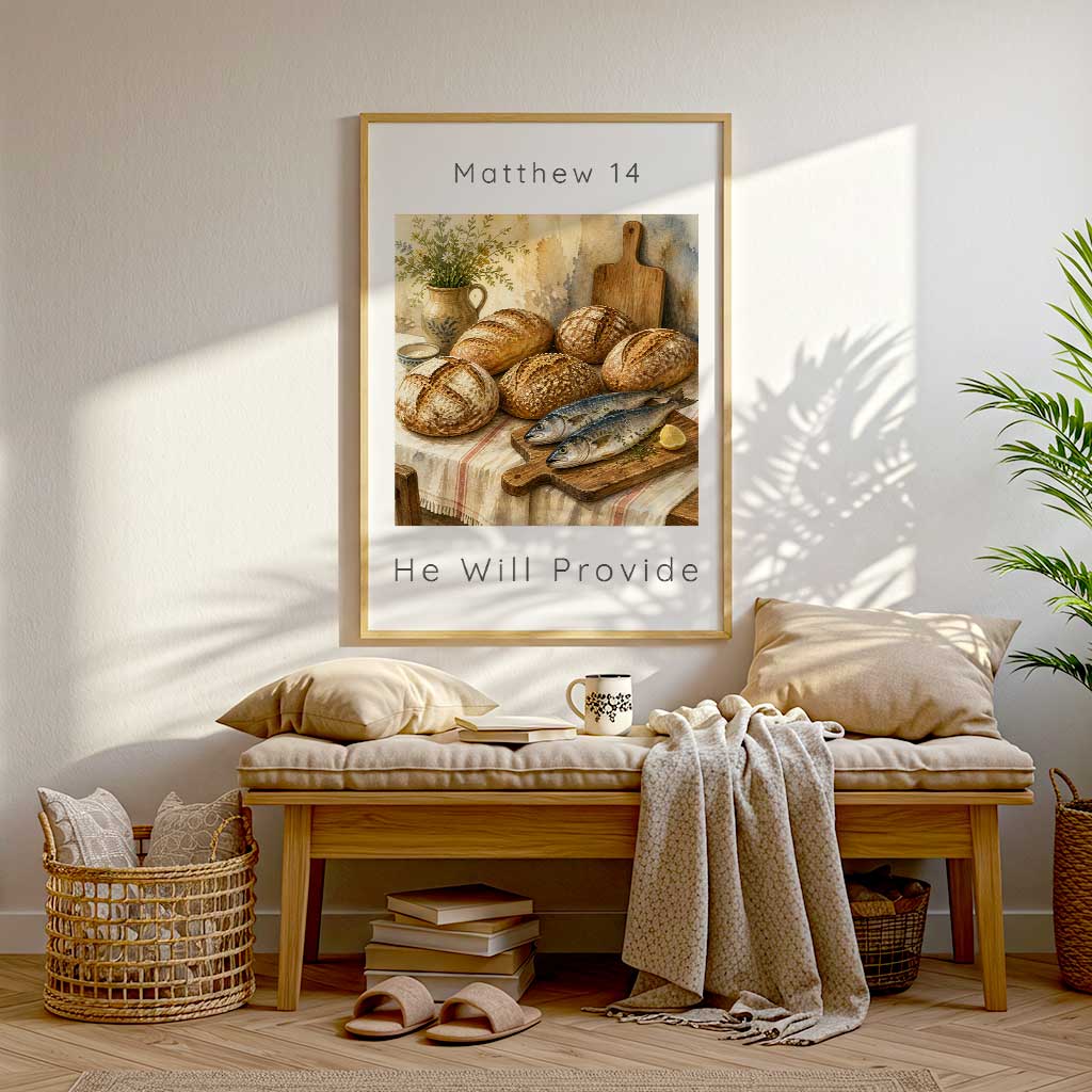 Matthew 14 - Christian wall art with watercolour still life of loaves and fish and wildflower jug in warm golden tones.