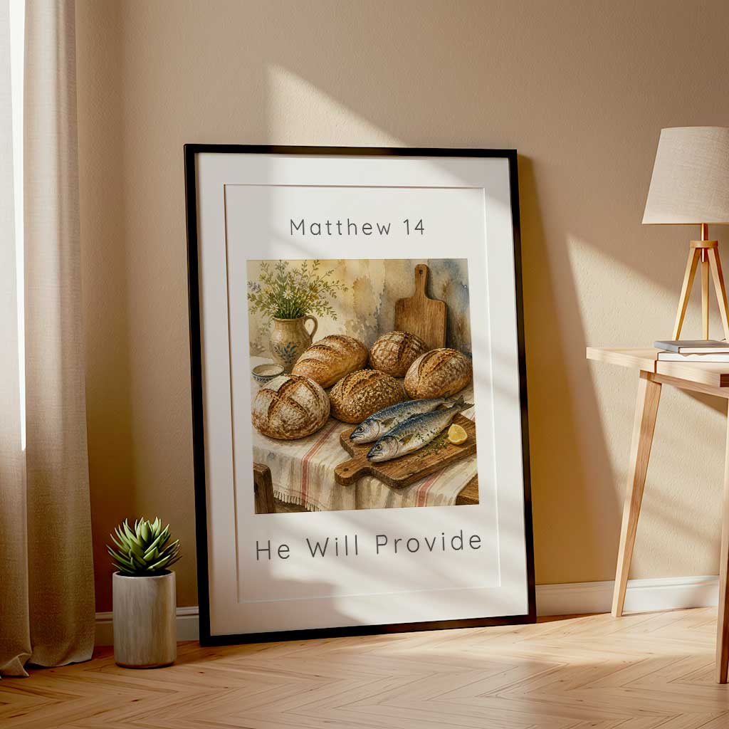 Matthew 14 - He Will Provide scripture print with five rustic bread loaves and two fish on wooden chopping board.