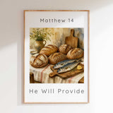 Matthew 14 - He Will Provide Bible verse picture with watercolour still life of five rustic loaves and two fish on wooden board.