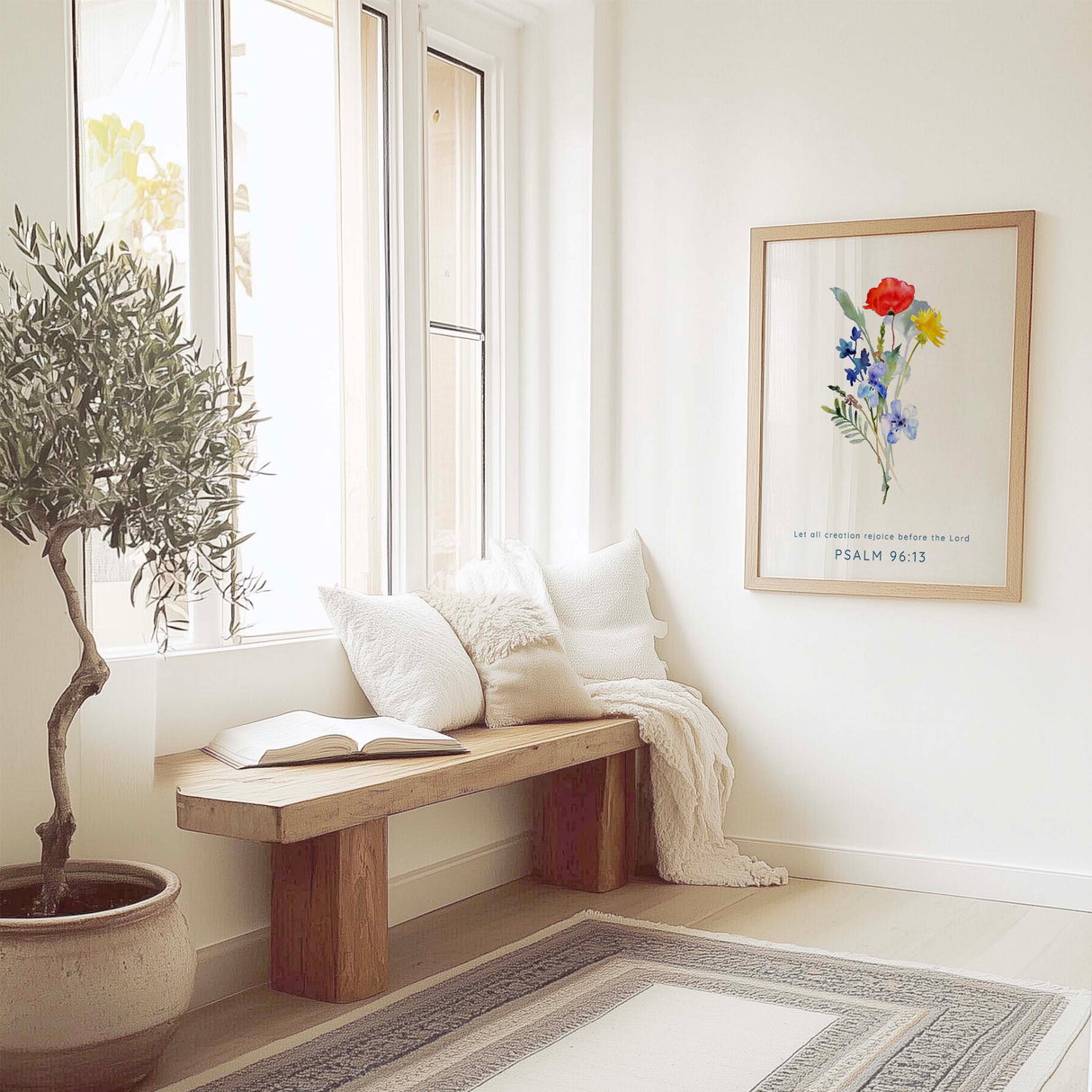 Elegant Christian wall art with Psalm 96:13 and colourful poppies painted in gentle watercolours.