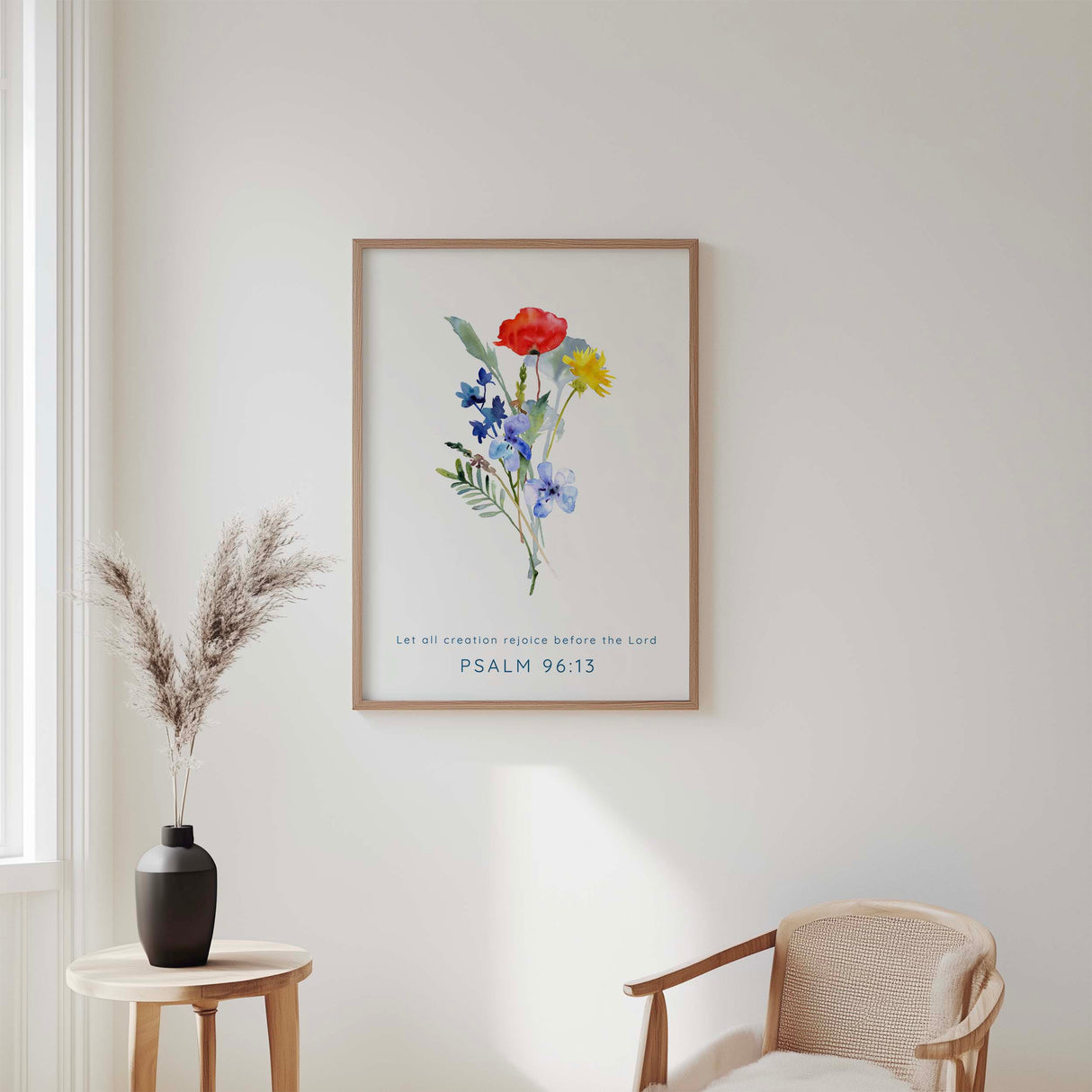 Psalm 96 wildflower wall art print with poppies and a Bible verse celebrating God’s creation.