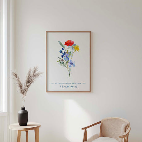 Psalm 96 wildflower wall art print with poppies and a Bible verse celebrating God’s creation.