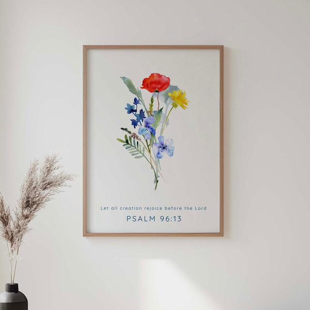Psalm 96 wildflower wall art print with poppies and a Bible verse celebrating God’s creation.