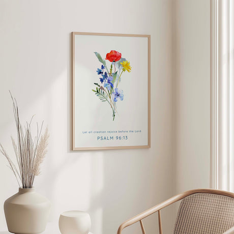 Christian floral watercolour print with Psalm 96:13 among delicate wildflowers for faithful home decor.