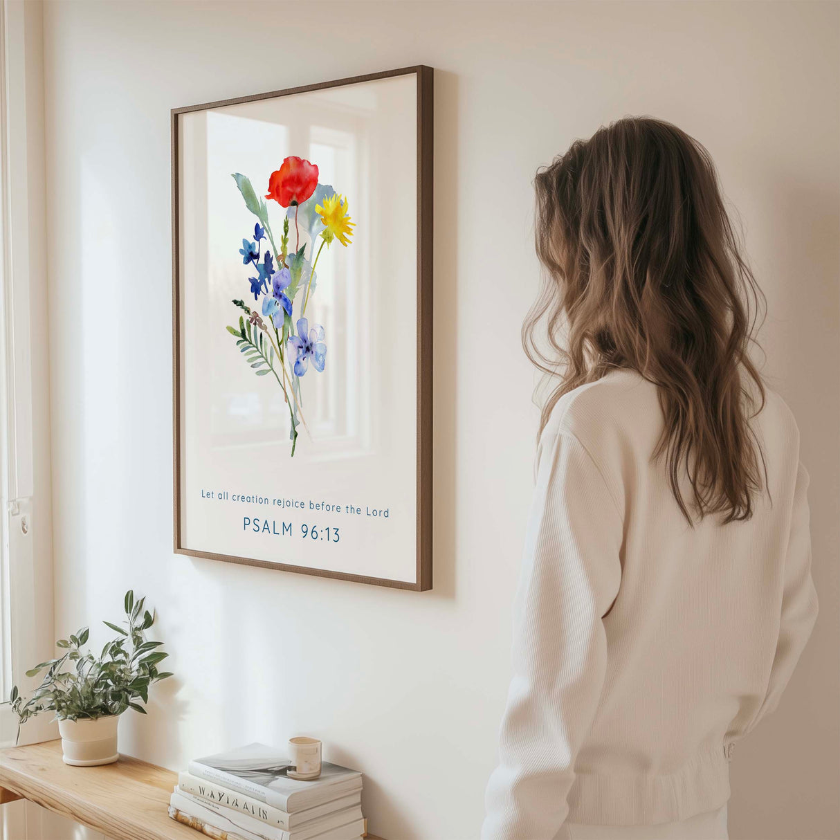 Inspirational scripture print featuring wildflower bouquet and praise-filled verse from Psalm 96.