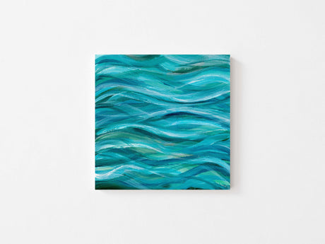 Square modern painting of overlapping ocean waves in cool tones.

