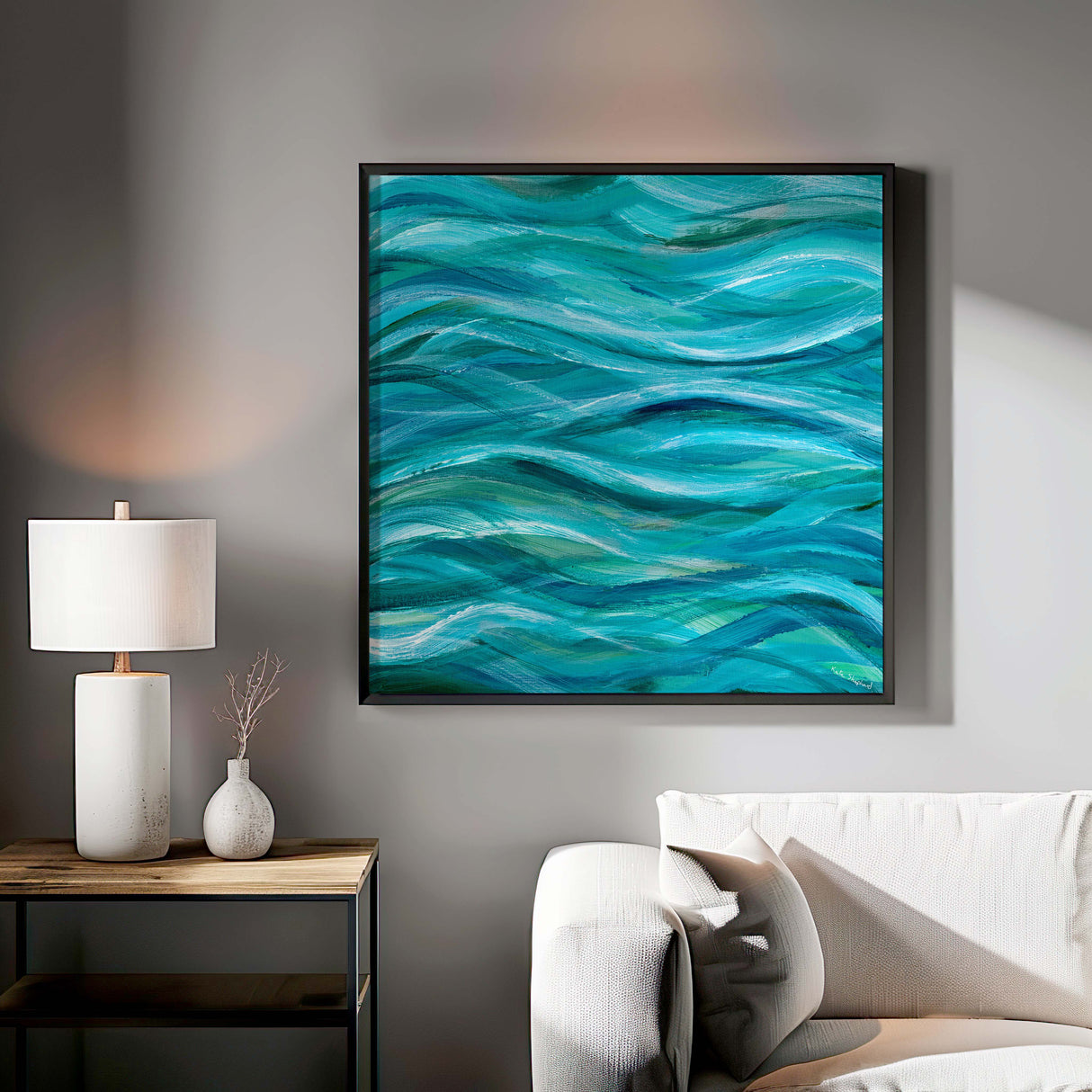 Abstract square acrylic painting of ocean waves in layered blues and teal tones.