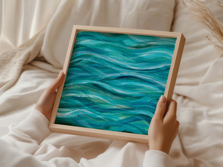 Square ocean abstract art with deep turquoise and white brushstrokes.