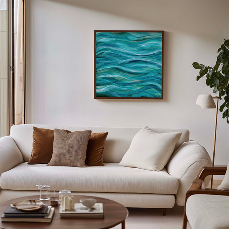 Square ocean abstract art with deep turquoise and white brushstrokes.