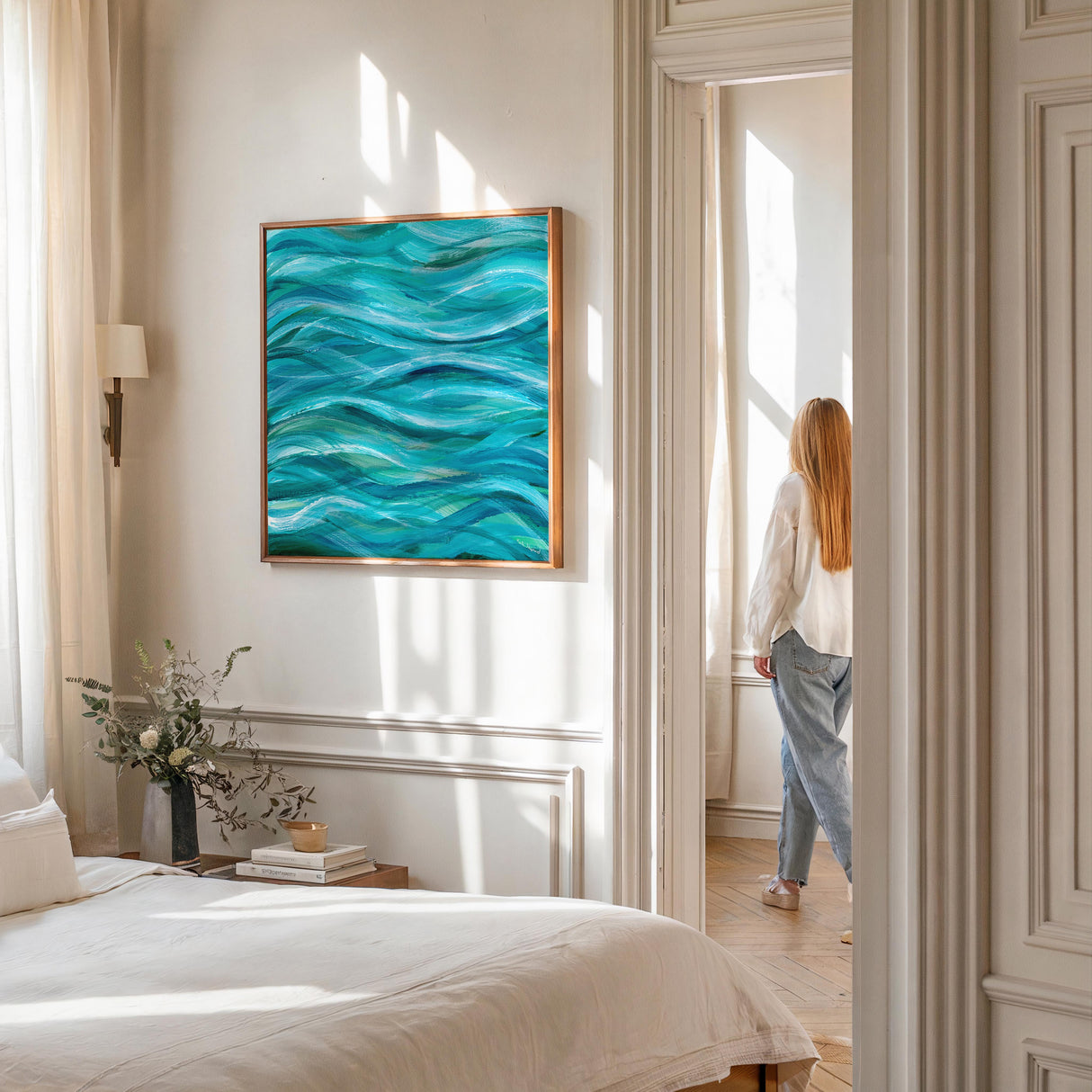 Abstract wave painting with bold textured layers of ocean colours.
