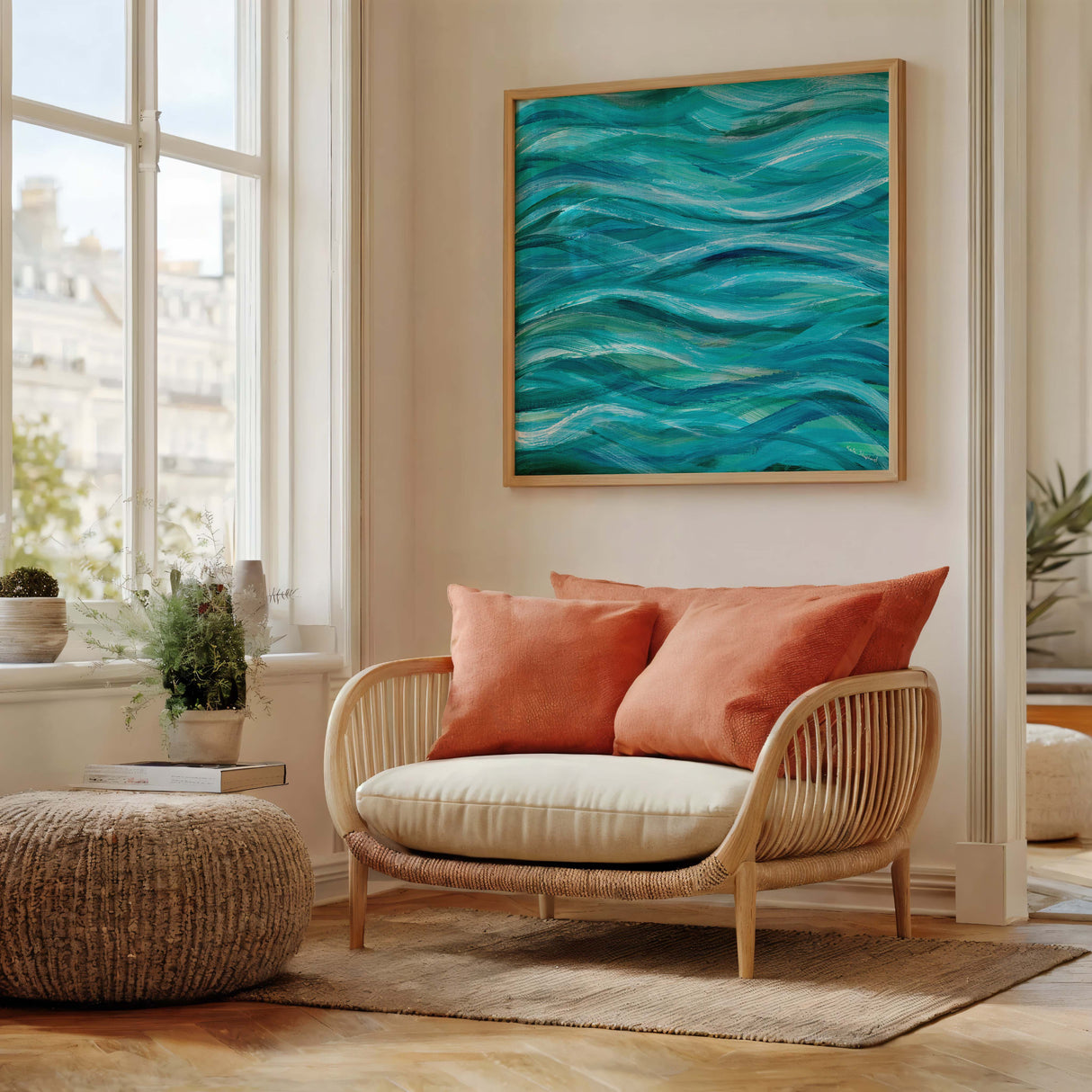 Acrylic abstract seascape showing waves rolling across a square canvas.