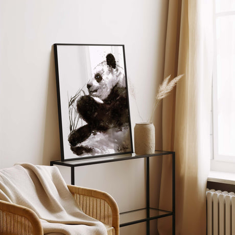 Realistic panda drawing in black and white ink