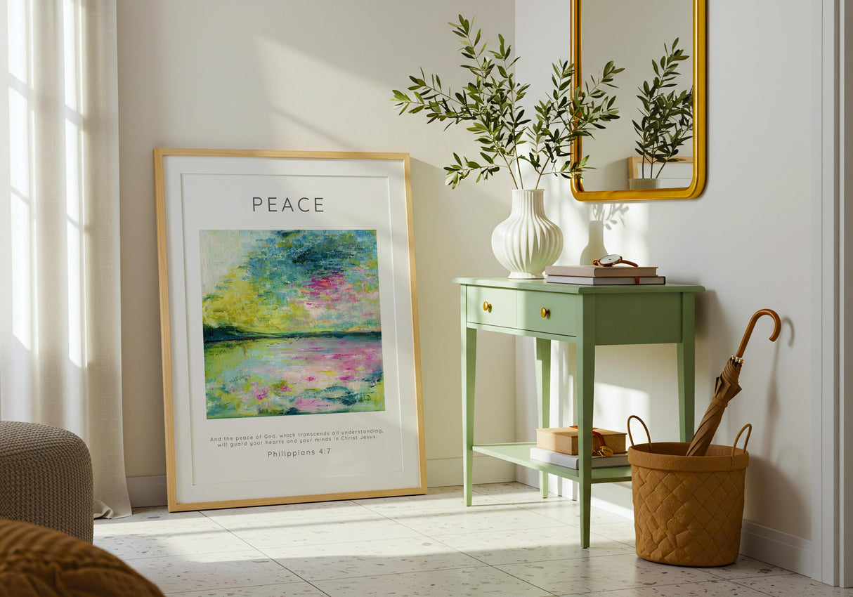 Peace Philippians 4:7 Bible verse print with ocean painting background.