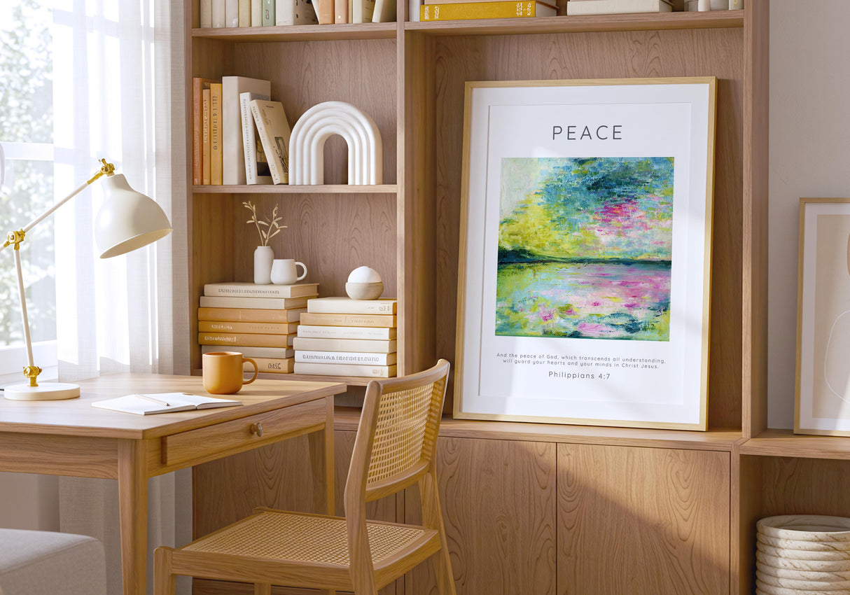 Philippians 4:7 Christian wall decor with serene coastal painting.