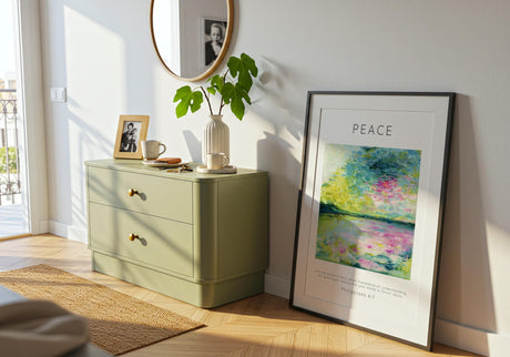 Faith inspired wall art print with Peace typography and seascape.